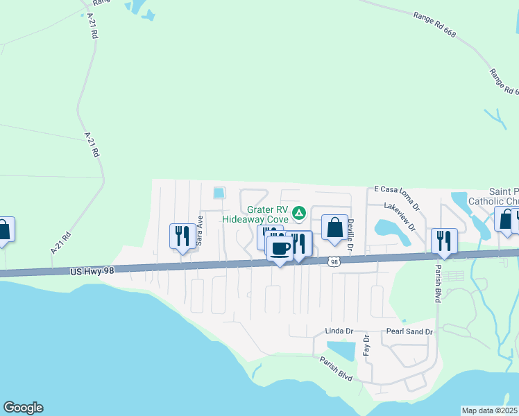 map of restaurants, bars, coffee shops, grocery stores, and more near 1026 Quail Hollow Drive in Mary Esther