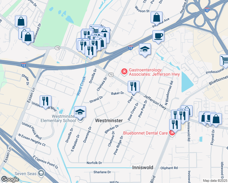 map of restaurants, bars, coffee shops, grocery stores, and more near 9073 Baker Drive in Baton Rouge