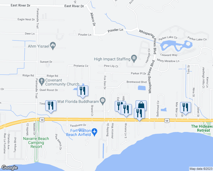 map of restaurants, bars, coffee shops, grocery stores, and more near 9500 Brentwood Boulevard in Navarre