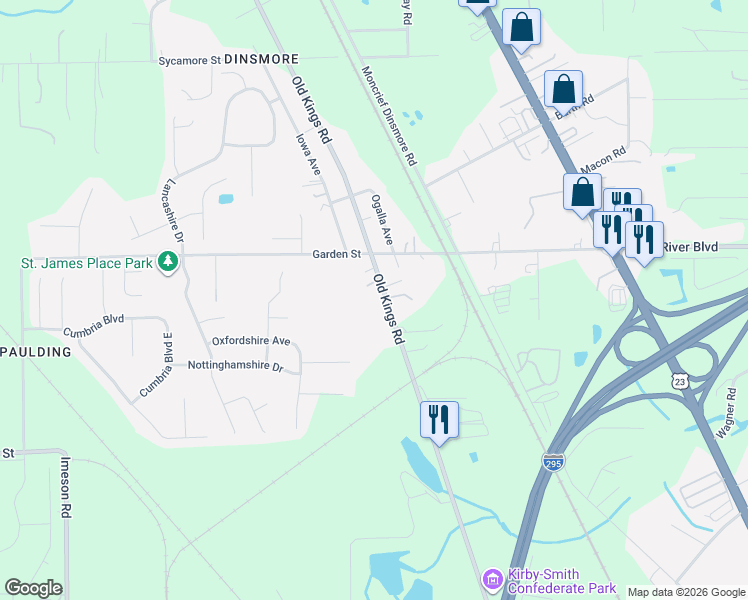 map of restaurants, bars, coffee shops, grocery stores, and more near 9008 Old Kings Road in Jacksonville