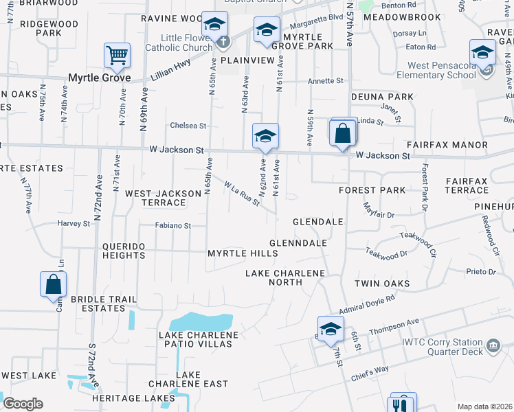 map of restaurants, bars, coffee shops, grocery stores, and more near 6107 West La Rua Street in Pensacola