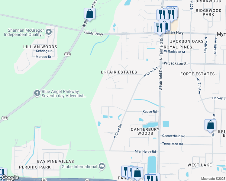 map of restaurants, bars, coffee shops, grocery stores, and more near 409 Belle Chasse Way in Pensacola