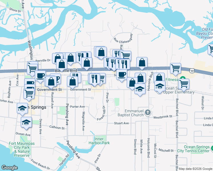 map of restaurants, bars, coffee shops, grocery stores, and more near 2003 Government Street in Ocean Springs