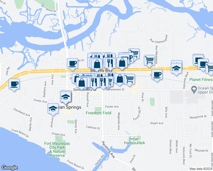 map of restaurants, bars, coffee shops, grocery stores, and more near 800-898 General Pershing Ave in Ocean Springs