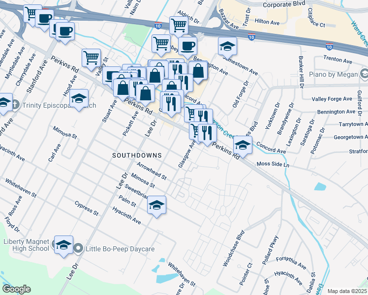 map of restaurants, bars, coffee shops, grocery stores, and more near 4741 Tupello Street in Baton Rouge