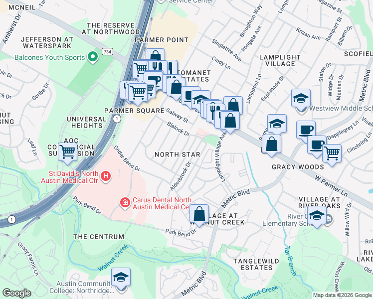 map of restaurants, bars, coffee shops, grocery stores, and more near 12325 Limerick Avenue in Austin