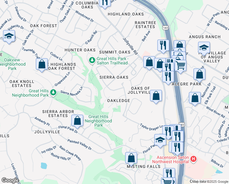map of restaurants, bars, coffee shops, grocery stores, and more near 5713 Taylor Draper Cove in Austin