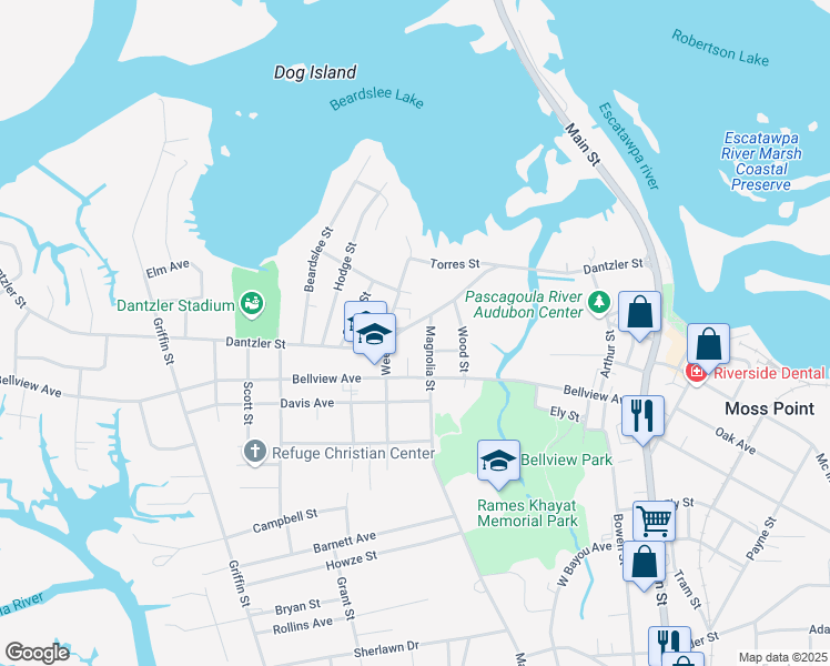 map of restaurants, bars, coffee shops, grocery stores, and more near 3718 Dantzler Street in Moss Point