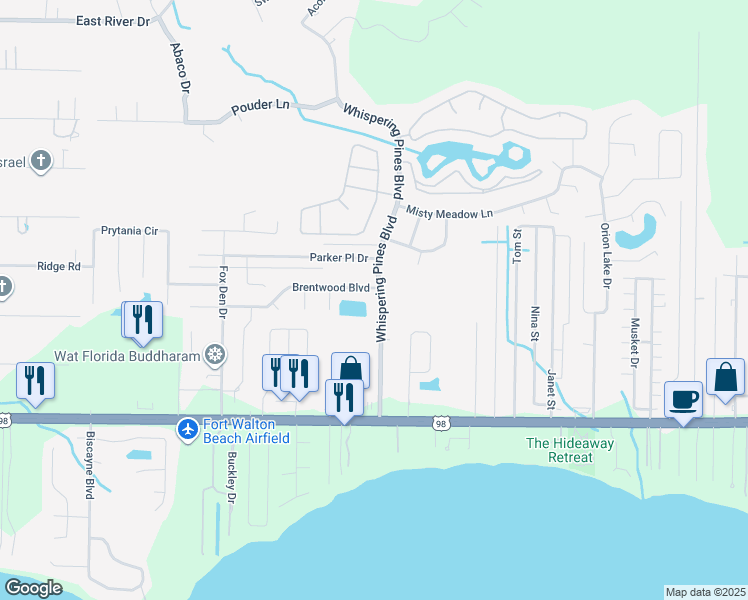 map of restaurants, bars, coffee shops, grocery stores, and more near 2225 Whispering Pines Boulevard in Navarre
