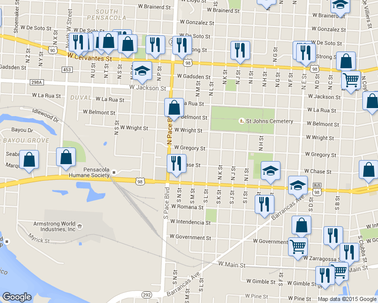 map of restaurants, bars, coffee shops, grocery stores, and more near 2007 West Gregory Street in Pensacola