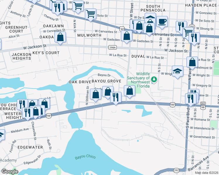 map of restaurants, bars, coffee shops, grocery stores, and more near 3220 Seabrook Street in Pensacola