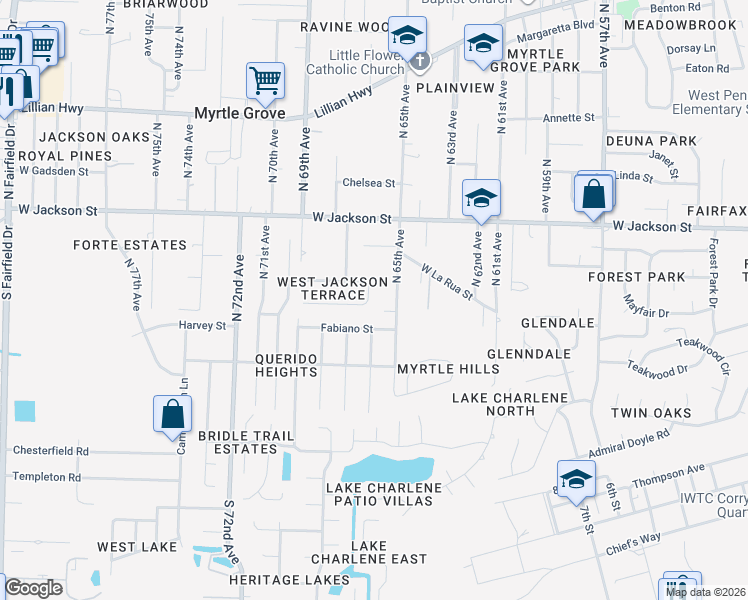 map of restaurants, bars, coffee shops, grocery stores, and more near 6720 Malvern Street in Pensacola