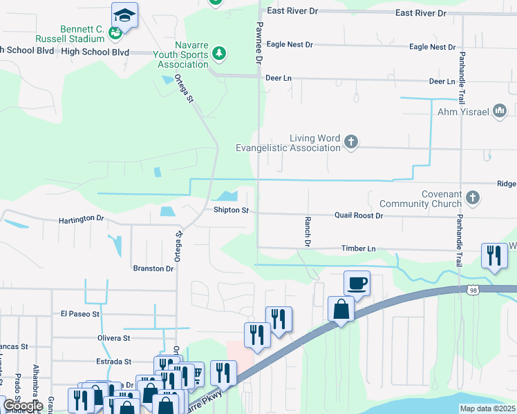 map of restaurants, bars, coffee shops, grocery stores, and more near 2206 Pawnee Drive in Navarre