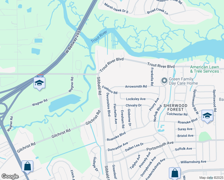 map of restaurants, bars, coffee shops, grocery stores, and more near 5337 Foxboro Road in Jacksonville