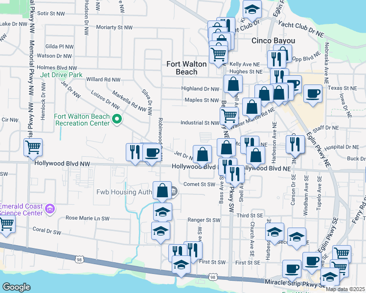 map of restaurants, bars, coffee shops, grocery stores, and more near 35 Jet Drive Northwest in Fort Walton Beach