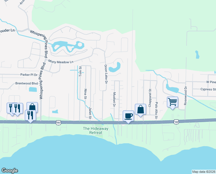map of restaurants, bars, coffee shops, grocery stores, and more near 2224 Orion Lake Drive in Navarre