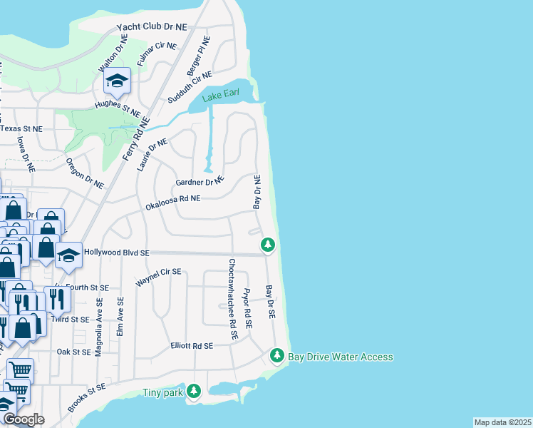 map of restaurants, bars, coffee shops, grocery stores, and more near 15 Bay Drive Northeast in Fort Walton Beach