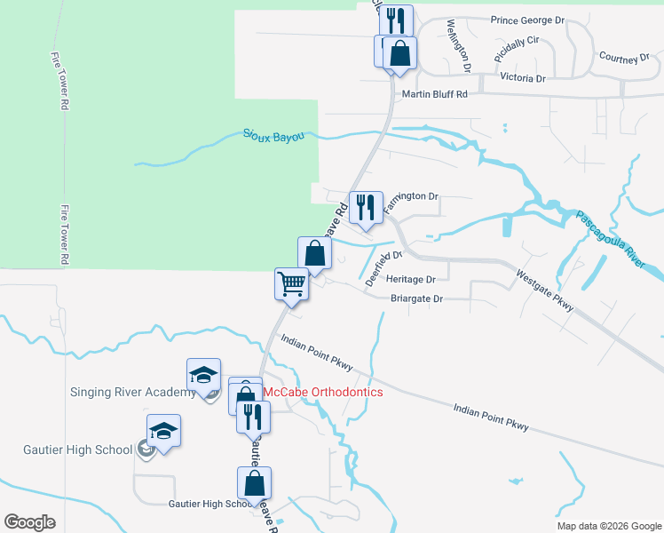 map of restaurants, bars, coffee shops, grocery stores, and more near 5090 Gautier Vancleave Road in Gautier