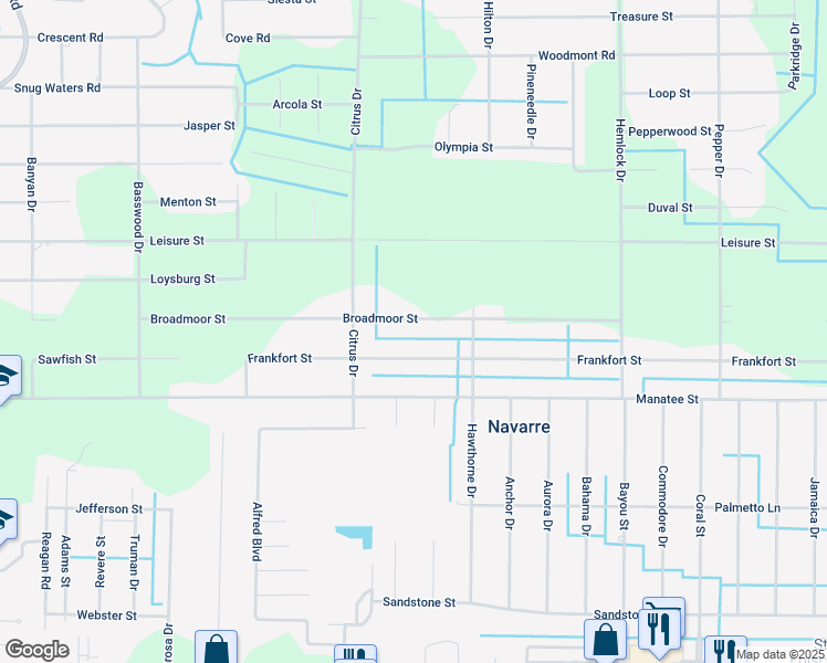 map of restaurants, bars, coffee shops, grocery stores, and more near 7331 Broadmoor Street in Navarre