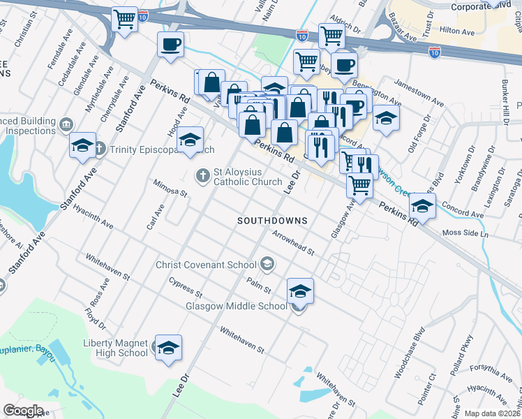 map of restaurants, bars, coffee shops, grocery stores, and more near 4440 Orchid Street in Baton Rouge