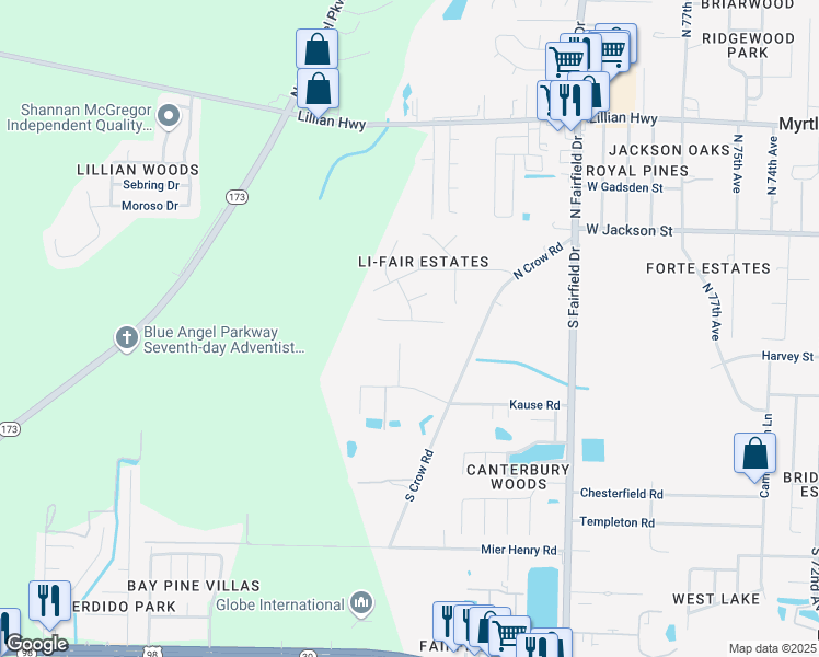 map of restaurants, bars, coffee shops, grocery stores, and more near 409 Belle Chasse Way in Pensacola