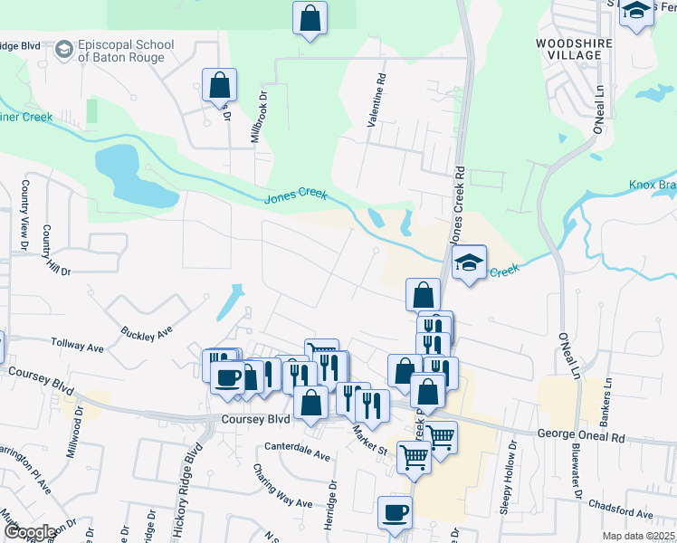 map of restaurants, bars, coffee shops, grocery stores, and more near 4529 Mendocino Way in Baton Rouge