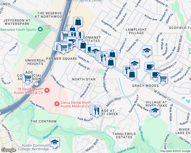map of restaurants, bars, coffee shops, grocery stores, and more near 12405 Alderbrook Drive in Austin