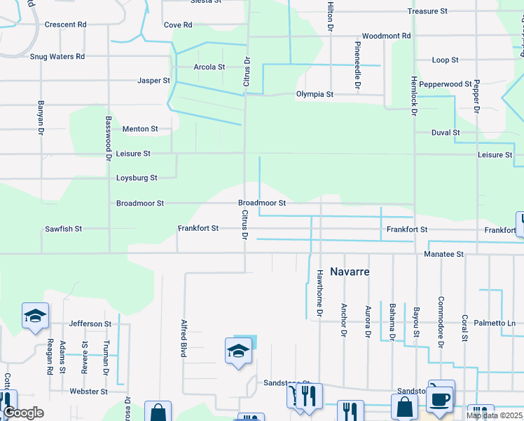 map of restaurants, bars, coffee shops, grocery stores, and more near 7299 Broadmoor Street in Navarre