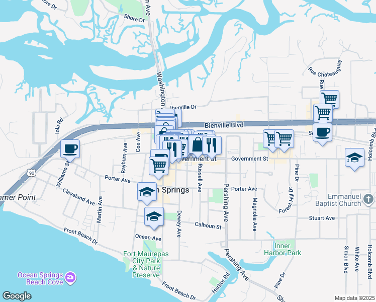 map of restaurants, bars, coffee shops, grocery stores, and more near 1017 Desoto Street in Ocean Springs