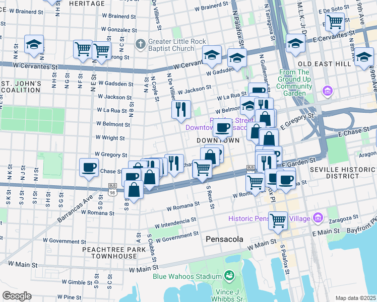 map of restaurants, bars, coffee shops, grocery stores, and more near 423 West Gregory Street in Pensacola