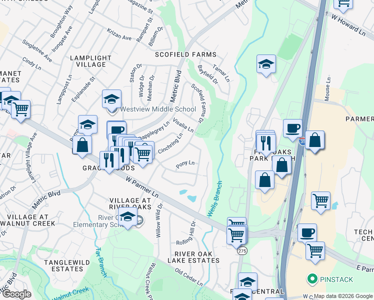 map of restaurants, bars, coffee shops, grocery stores, and more near 12709 Scofield Farms Drive in Austin