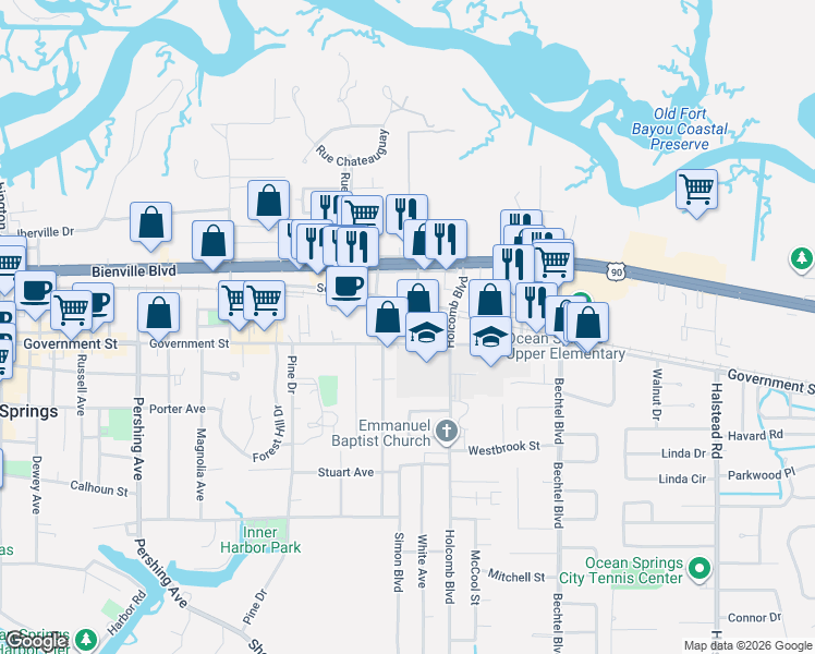 map of restaurants, bars, coffee shops, grocery stores, and more near 2207 Government Street in Ocean Springs