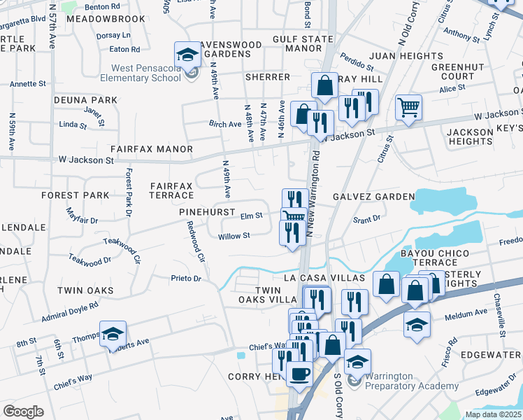 map of restaurants, bars, coffee shops, grocery stores, and more near 102 Elm Street in Pensacola