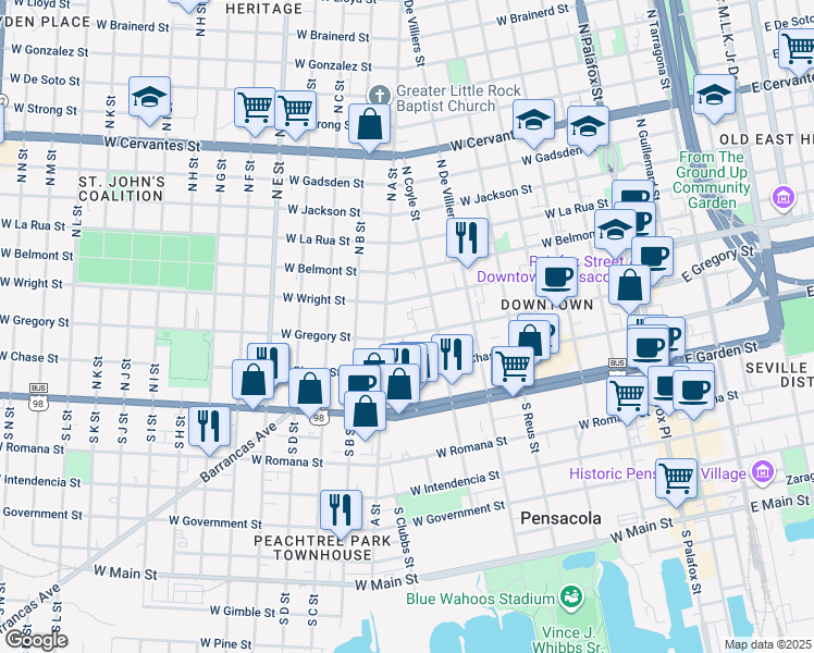 map of restaurants, bars, coffee shops, grocery stores, and more near 624 West Gregory Street in Pensacola