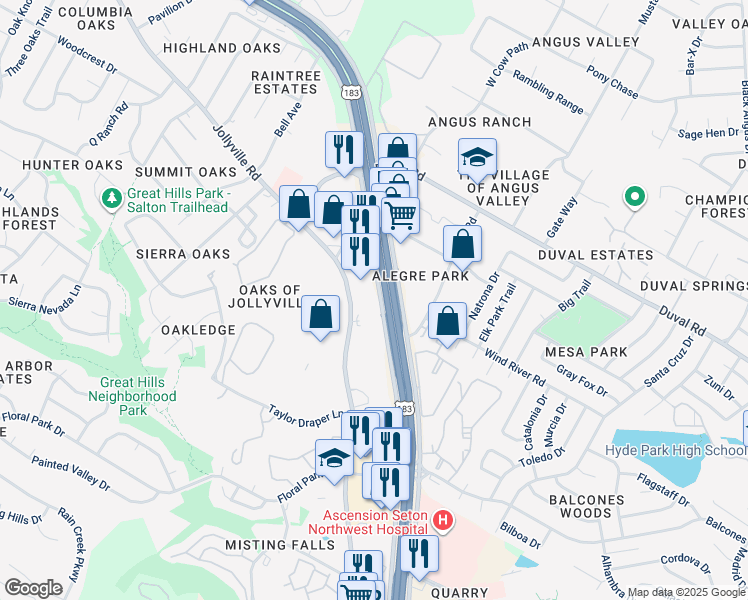 map of restaurants, bars, coffee shops, grocery stores, and more near 11570 Research Boulevard in Austin
