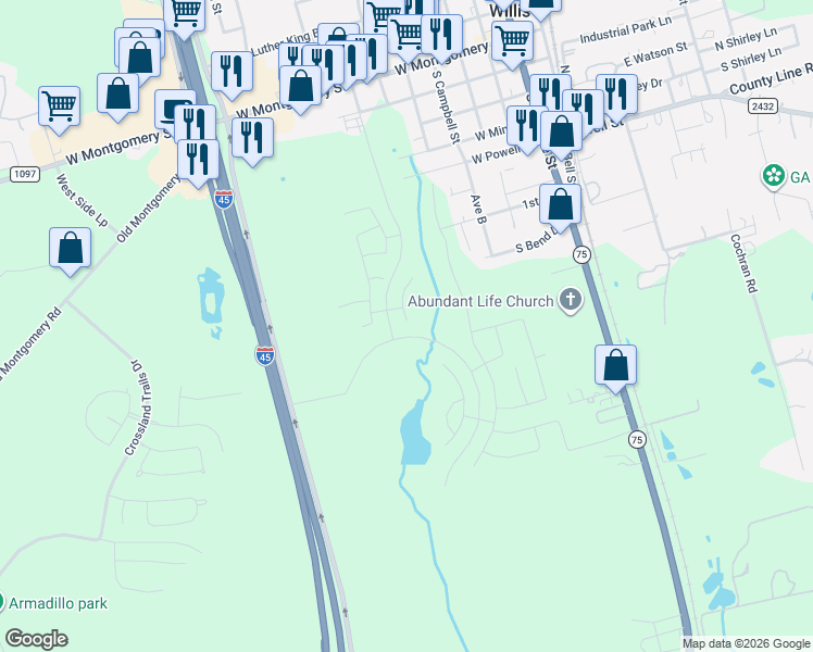 map of restaurants, bars, coffee shops, grocery stores, and more near 409 1st Street in Willis