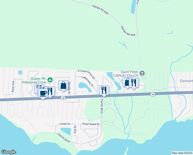 map of restaurants, bars, coffee shops, grocery stores, and more near 39 East Casa Loma Drive in Mary Esther