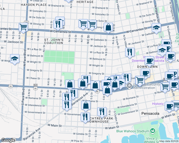 map of restaurants, bars, coffee shops, grocery stores, and more near 1000 West Gregory Street in Pensacola