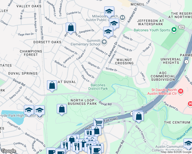 map of restaurants, bars, coffee shops, grocery stores, and more near 3700 Hawkshead Drive in Austin