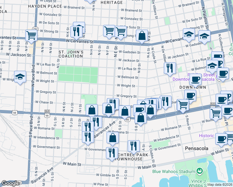 map of restaurants, bars, coffee shops, grocery stores, and more near 1018 West Gregory Street in Pensacola