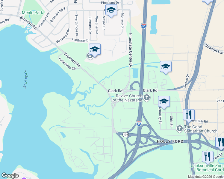 map of restaurants, bars, coffee shops, grocery stores, and more near 1188 Broward Road in Jacksonville