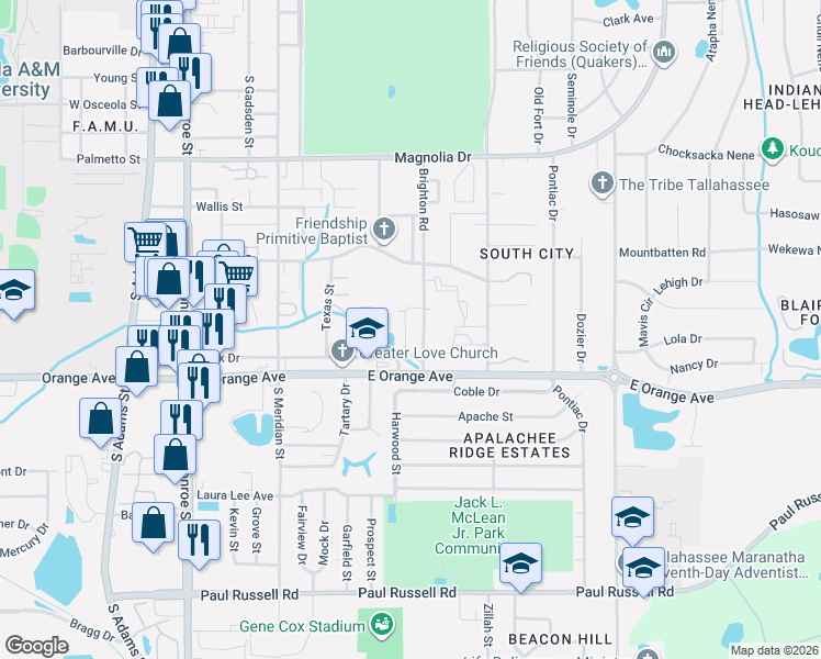 map of restaurants, bars, coffee shops, grocery stores, and more near 2614 Brighton Road in Tallahassee