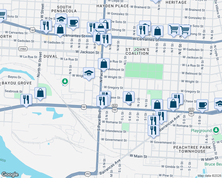 map of restaurants, bars, coffee shops, grocery stores, and more near 2007 West Gregory Street in Pensacola