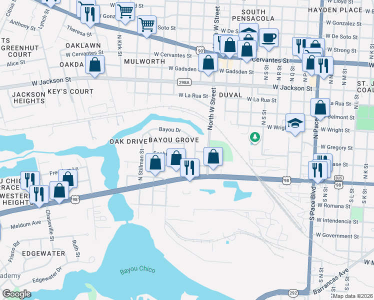 map of restaurants, bars, coffee shops, grocery stores, and more near 205 Davison Street in Pensacola