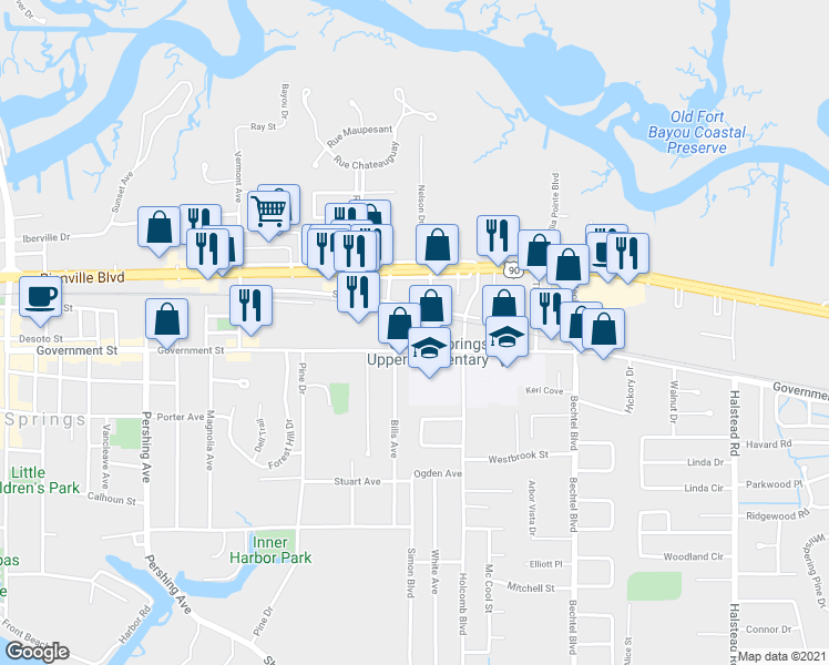 map of restaurants, bars, coffee shops, grocery stores, and more near 2207 Government Street in Ocean Springs