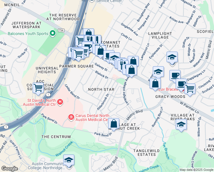 map of restaurants, bars, coffee shops, grocery stores, and more near 12325 Limerick Avenue in Austin