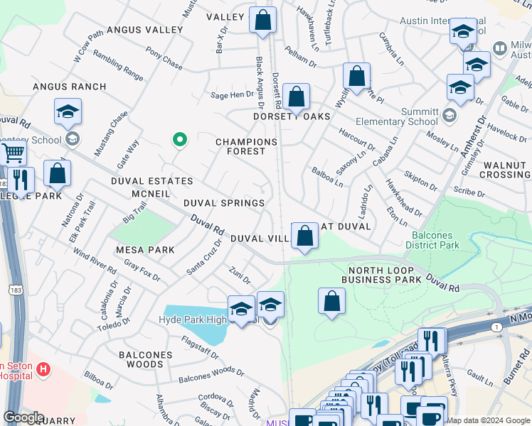 map of restaurants, bars, coffee shops, grocery stores, and more near 4415 Whispering Valley Drive in Austin