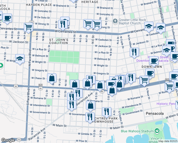 map of restaurants, bars, coffee shops, grocery stores, and more near 1111 West Gregory Street in Pensacola
