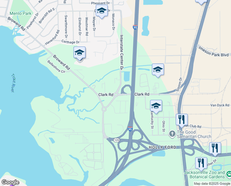 map of restaurants, bars, coffee shops, grocery stores, and more near 500 Clark Road in Jacksonville