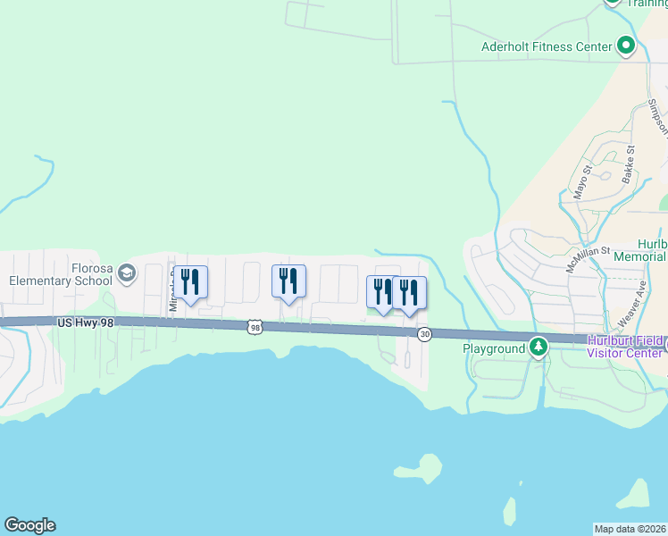 map of restaurants, bars, coffee shops, grocery stores, and more near 466 West Park Drive in Mary Esther